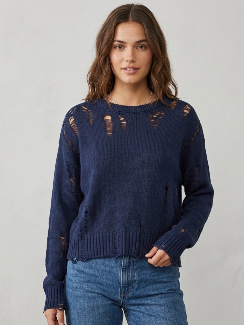 27 Miles Women Blue Pullover Sweater - Purposeful Shred Holes - Size Small
